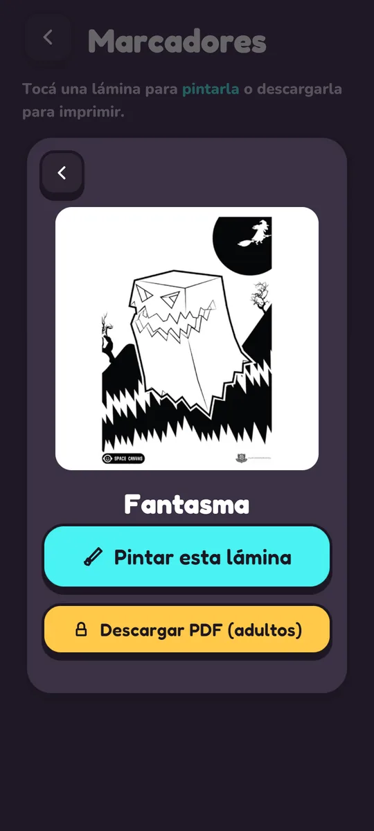 Detalle de la lámina del fantasma con los botones Pintar esta lámina y Descargar PDF
