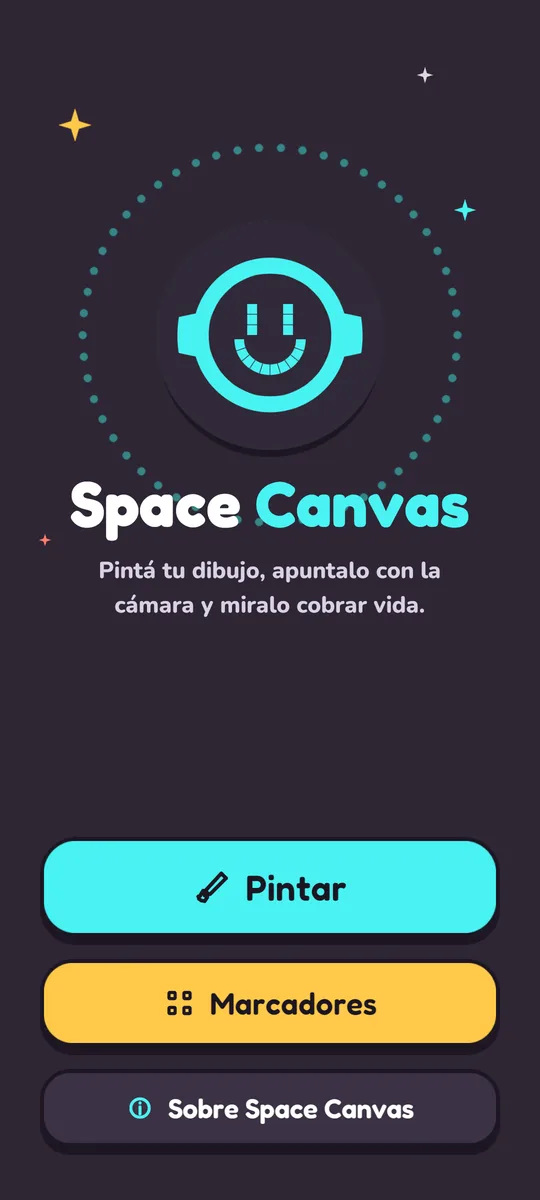 Pantalla de inicio de Space Canvas con el logo y los botones Pintar, Marcadores y Sobre Space Canvas
